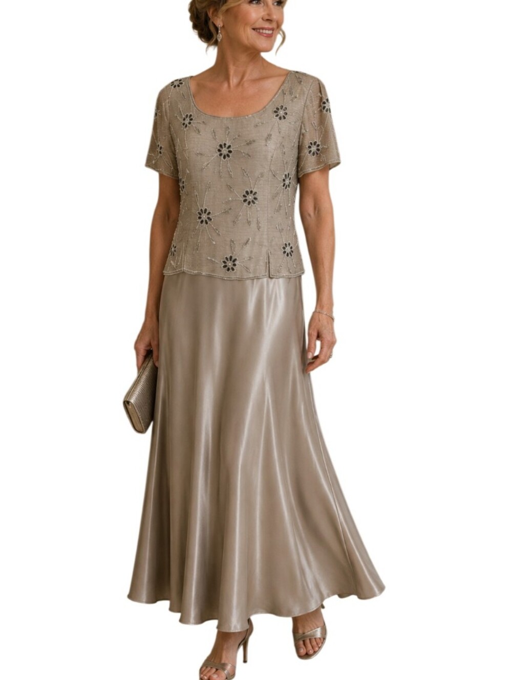 Vintage Stenay Beaded Silk Top Satin Skirt Formal Dress Beige Gold Champagne